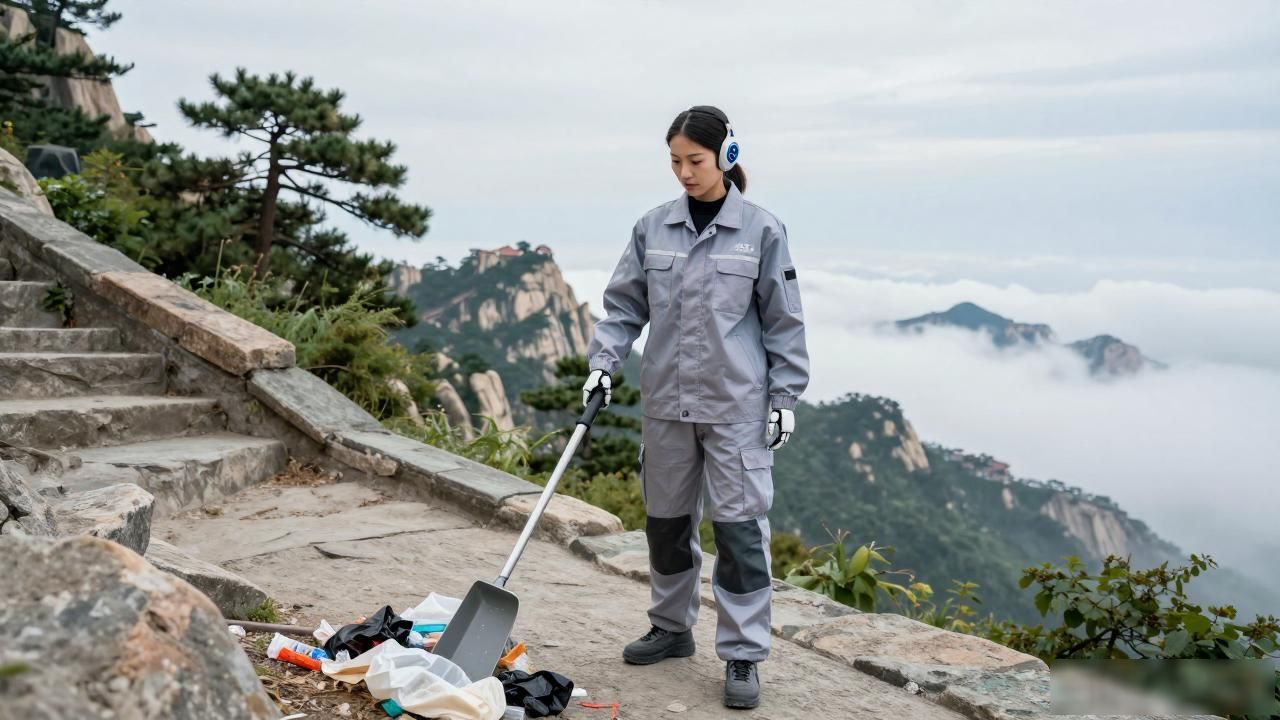 中国女智能机器人爬山清运垃圾，泰山上咱国货真硬核