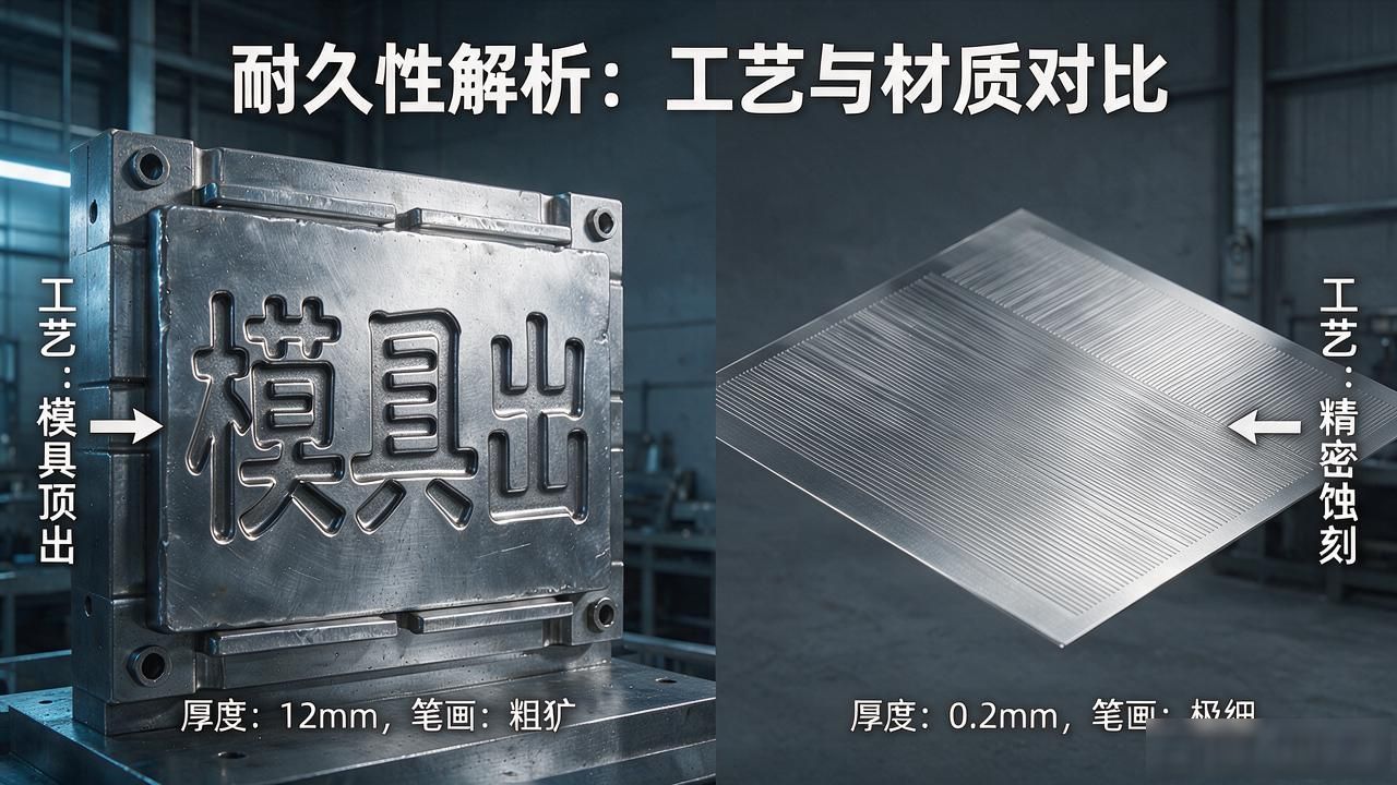 不锈钢冲压标牌凸字与凹字寿命解析，哪种成型技术更耐用？